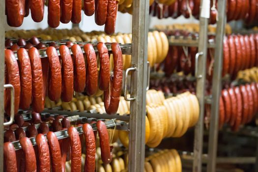 Sausage workshop.stick of sausage are smoked on the background of the meat factory