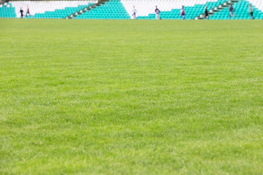 Green lawn with blurred spectator stands and players