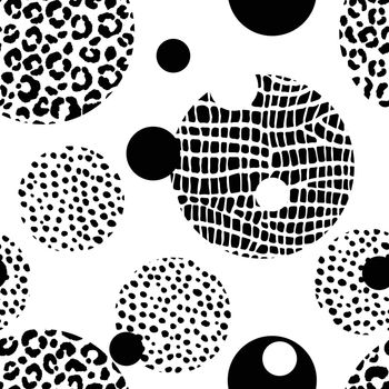 Abstract modern leopard seamless pattern with circles. Animals trendy background. Black and white decorative vector illustration for print, card, fabric, textile. Modern ornament of stylized skin.