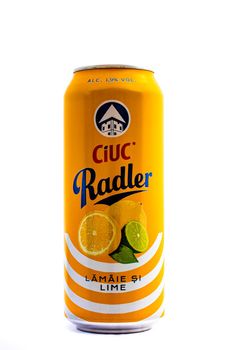 Can of Ciuc Radler beer isolated on white. Illustrative editorial photo shot in Bucharest, Romania, 2021