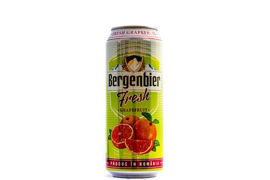 Can of Bergenbier Fresh beer isolated on white. Illustrative editorial photo shot in Bucharest, Romania, 2021
