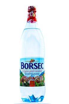 Bottle of Borsec sparkling natural mineral water isolated on white. Illustrative editorial photo shot in Bucharest, Romania, 2021