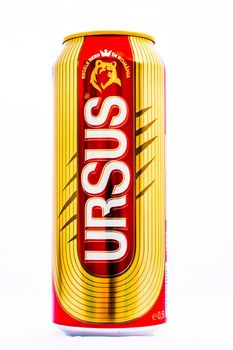Can of Ursus beer isolated on white. Illustrative editorial photo shot in Bucharest, Romania, 2021
