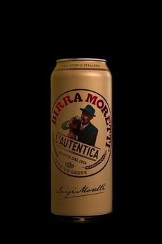 Birra Moretti, a premium lager beer produced by Italian brewing company now owned by Heineken International. Studio photo shoot in Bucharest, Romania, 2021