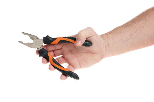Hand holds pliers on a white background, a template for designers. Close up