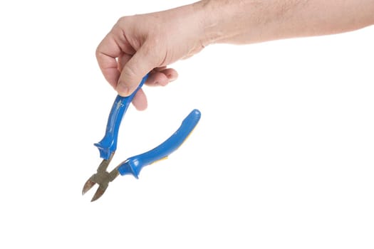 Hand holds side cutters on a white background, a template for designers. Close up