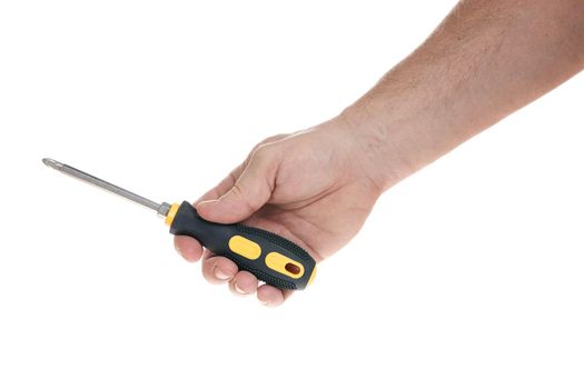 Hand holds a screwdriver on a white background, a template for designers. Close up