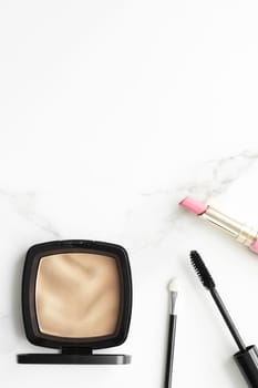 Make-up and cosmetics products on marble, flatlay background - modern feminine lifestyle, beauty blog and fashion inspiration concept