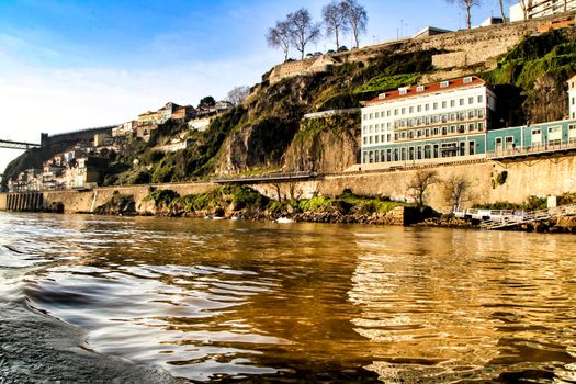 Beautiful view of the city of Porto from the Douro River on a clear day of winter