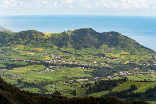 View on town of Furnas, located in the same name a civil parish in the municipality of Povoacao on the island of Sao Miguel in the Portuguese Azores.