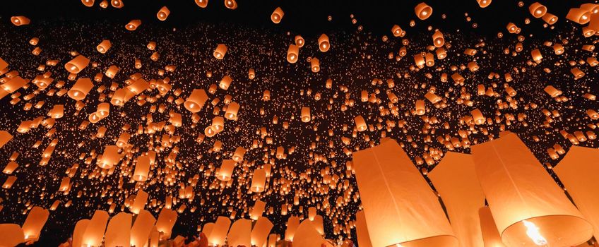 Sky lanterns in Chiang Mai ,Thailand . The most beautiful Thai traditional Yi Peng (Loi Krathong) festival