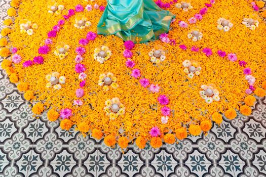 Marigold petals flower rangoli for Diwali or pongal