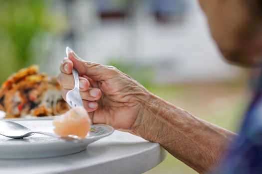 elderly woman have breakfast in backyard