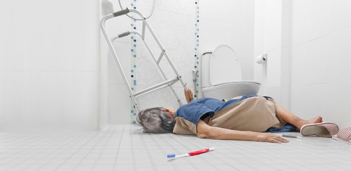 Elderly woman falling in bathroom because slippery surfaces