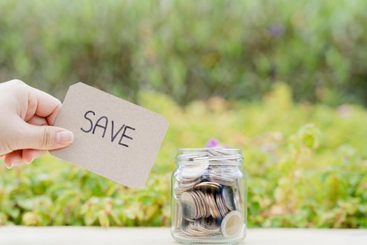 Jar full of coins with save word paper on blurred green natural background. Saving money and investment concept.