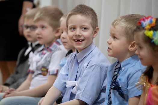 Belarus, the city of Gomil, April 08, 2017. Holiday in kindergarten. Group of preschoolers at a matinee.