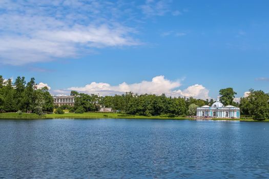 View of the Great Pond WITH Hermitage pavilion in Catherine Park, Tsarskoye Selo, Russia