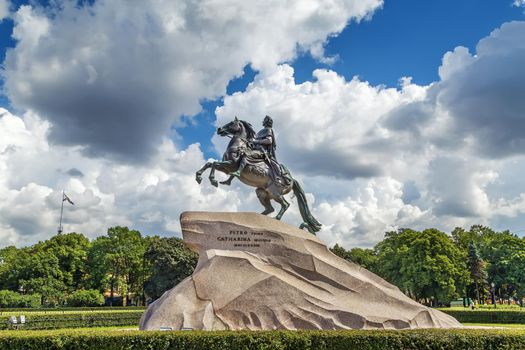 The equestrian statue of Peter the Great is situated in the Senate Square in Saint Petersburg, Russia