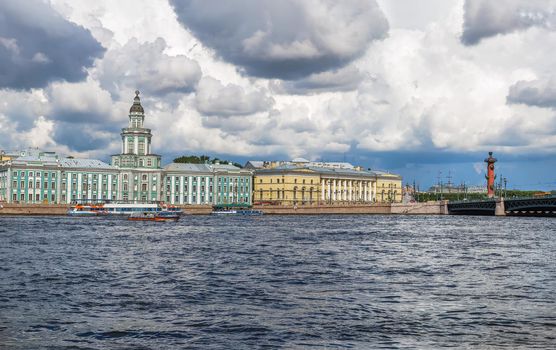 Panoramic view of University embankment with Kunstkamera from Neva river, Saint Petersburg, Russia