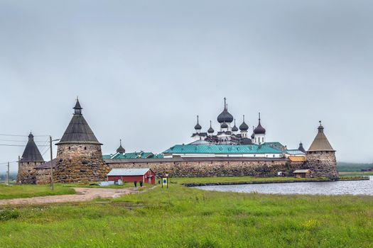 Solovetsky Monastery is a fortified monastery located on the Solovetsky Islands in the White Sea, Russia. View from Holy lake