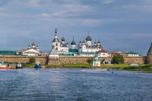 Solovetsky Monastery is a fortified monastery located on the Solovetsky Islands in the White Sea, Russia. View from White sea