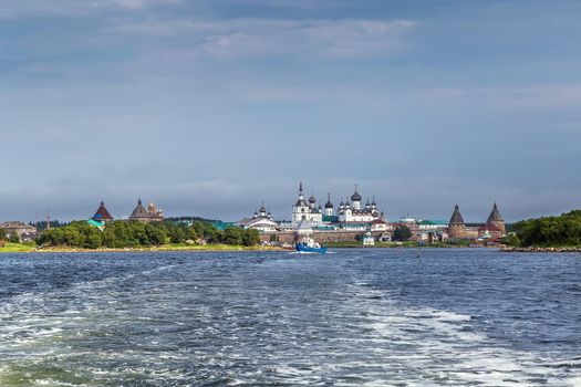 Solovetsky Monastery is a fortified monastery located on the Solovetsky Islands in the White Sea, Russia. View from White sea