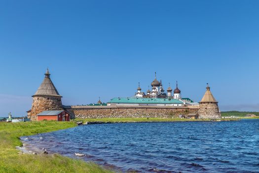 Solovetsky Monastery is a fortified monastery located on the Solovetsky Islands in the White Sea, Russia. Panoramic view from Holy lake