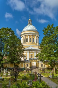 Alexander Nevsky Lavra (Monastery) in Saint Petersburg, Russia. Holy Trinity Cathedral. View from cemetery