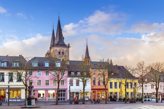 Market Square with hiatorical houses and cathedral in Xanten city, Germany