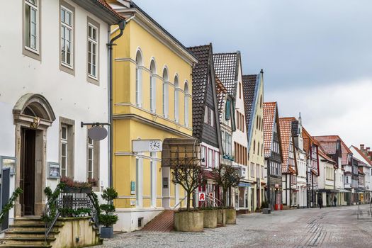 Street with decorative historical houses in Lemgo city center, Germany