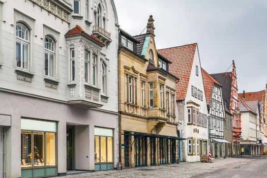 Street with decorative historical houses in Lemgo city center, Germany