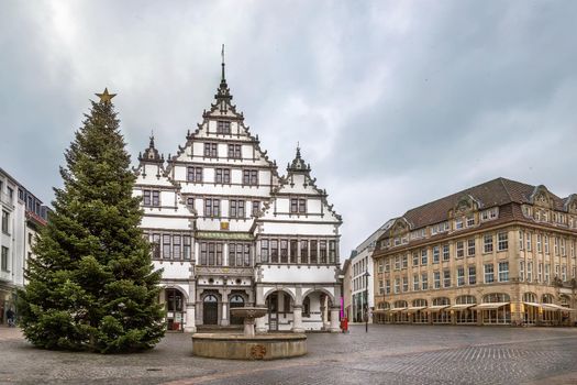 Renaissance town hall was constructed in 1616 on square in Paderborn city center, Germany