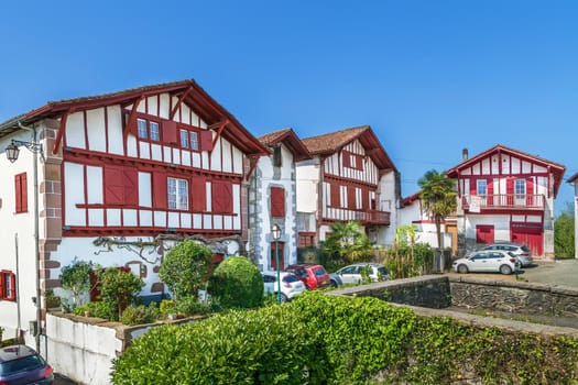 Street with historical houses in Ainhoa, Pyrenees-Atlantiques, France