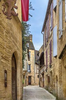 Street in Sarlat-la-Caneda historical center, department of Dordogne, France