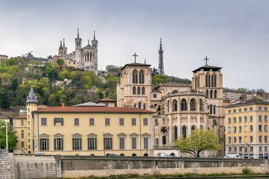 View of Lyon cathedral and Basilica of Notre-Dame de Fourviere from Saone river, France