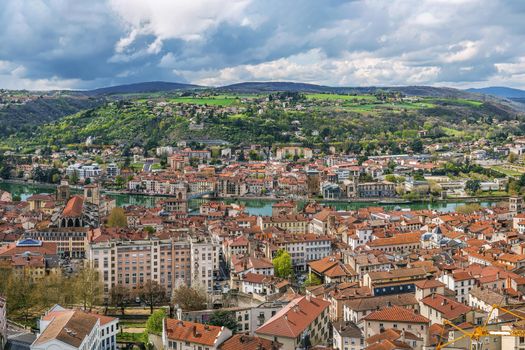 An aerial view of Vienne from hill of Pipet, France