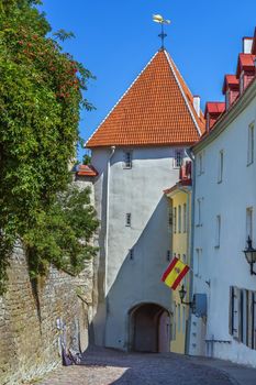 Street with historical houses in Tallinn old town, Estonia