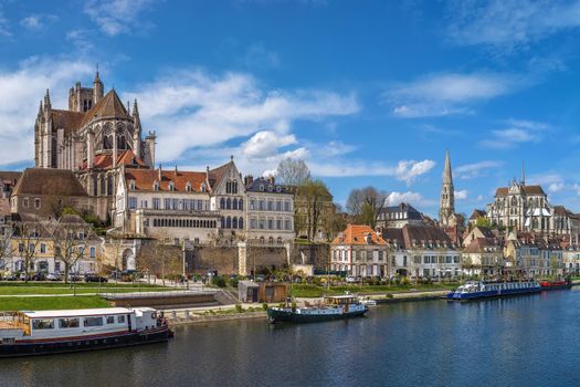 View of  Auxerre cathedral and Abbey of Saint-Germain from Yonne river, Auxerre, France