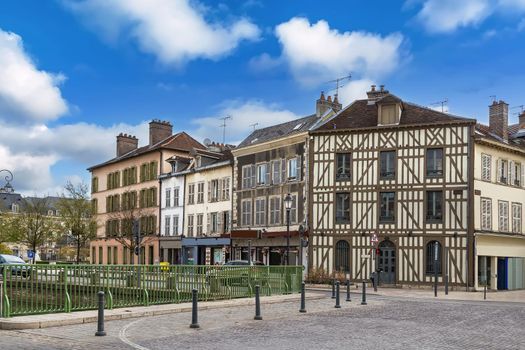 Street with historical half-timbered houses in Troyes, France