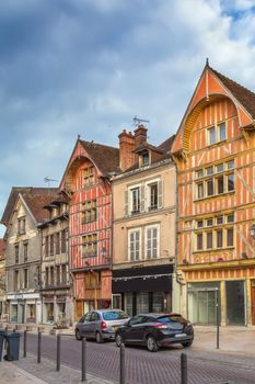 Street with historical half-timbered houses in Troyes, France