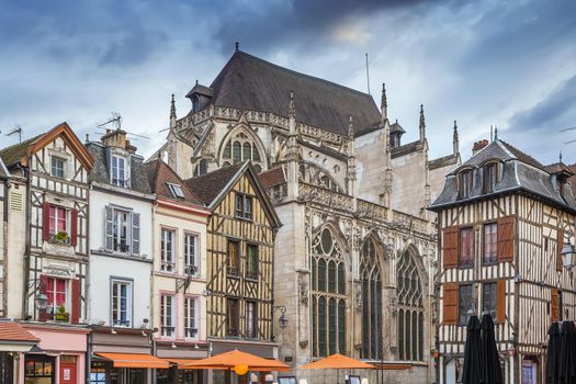 Street with historical half-timbered houses in Troyes, France