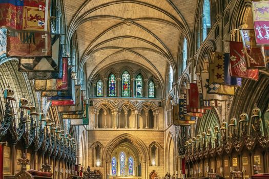Saint Patrick's Cathedral in Dublin, Ireland, founded in 1191, is the National Cathedral of the Church of Ireland.Interior