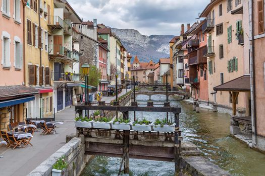 Historic houses along the Thiou river in Annecy old town, France