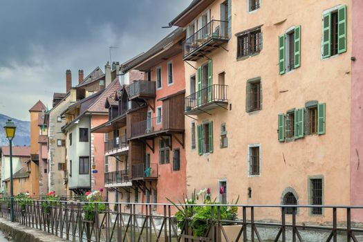 Historic houses along the Thiou river in Annecy old town, France