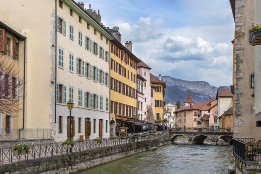 Historic houses along the Thiou river in Annecy old town, France