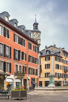 Street with historical houses in Chambery city center, France