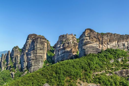 View of rocks with Monastery of Varlaama in Meteora, Greece