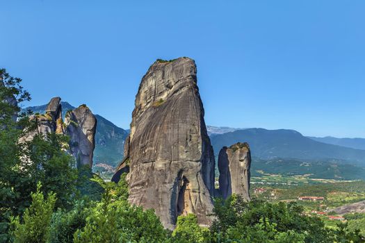 View of big rock in Meteora mountain range, Greece