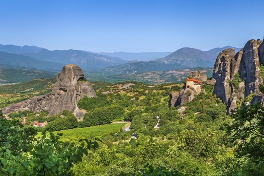Landscape with rock and  monastery of St. Nicholas Anapausas in Meteora, Greece