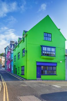 Street with bright colored houses  in Kinsale, Ireland